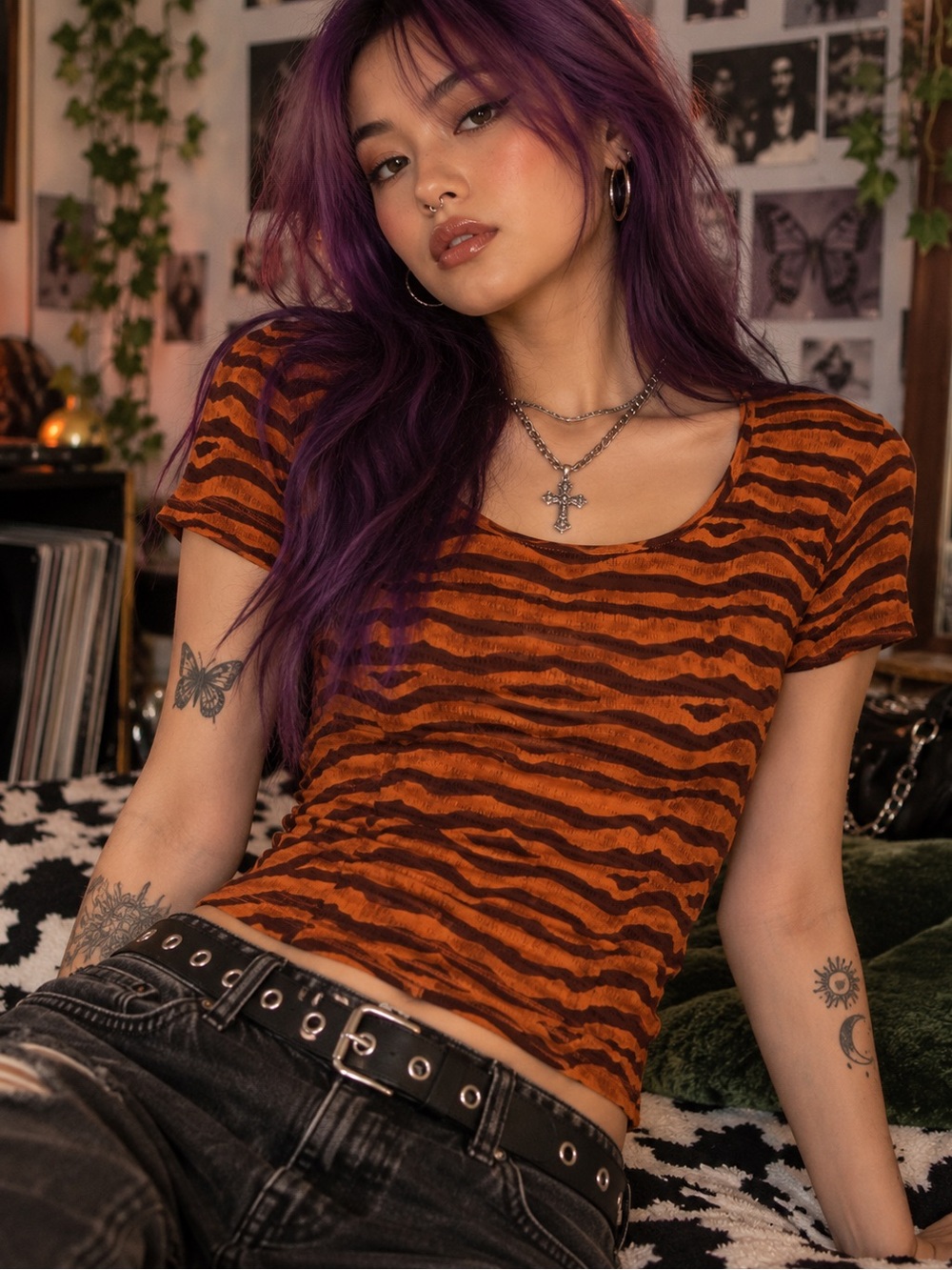 René Derhy Vintage Orange Brown Tiger Stripe Mesh Top Size M Y2K
